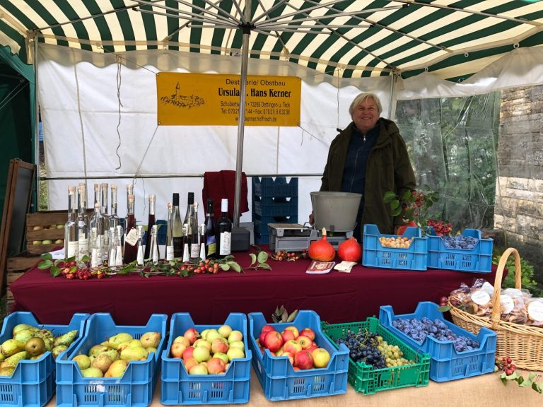 Marktstand mit frischem Obst, Gemüse und einer Person im Hintergrund.