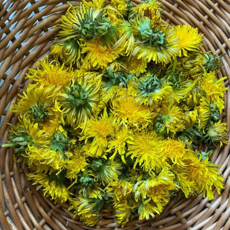 Ein Korb mit leuchtend gelben Löwenzahnblüten.