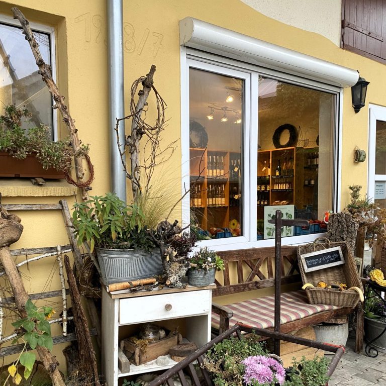 Bunte Pflanzen und Holzaccessoires vor einem gelben Haus mit großem Ladenfenster - unser Hoflädle